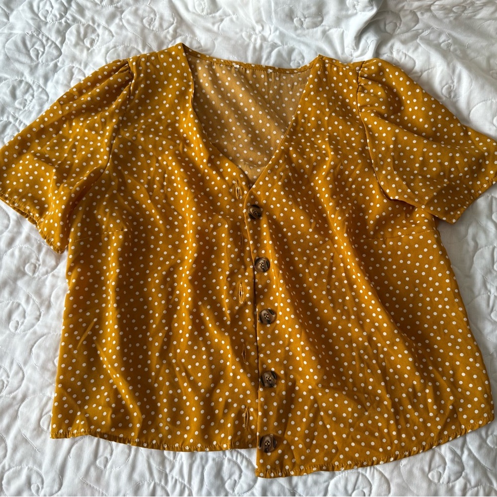 Polka Dot Mustard Button-Up Blouse